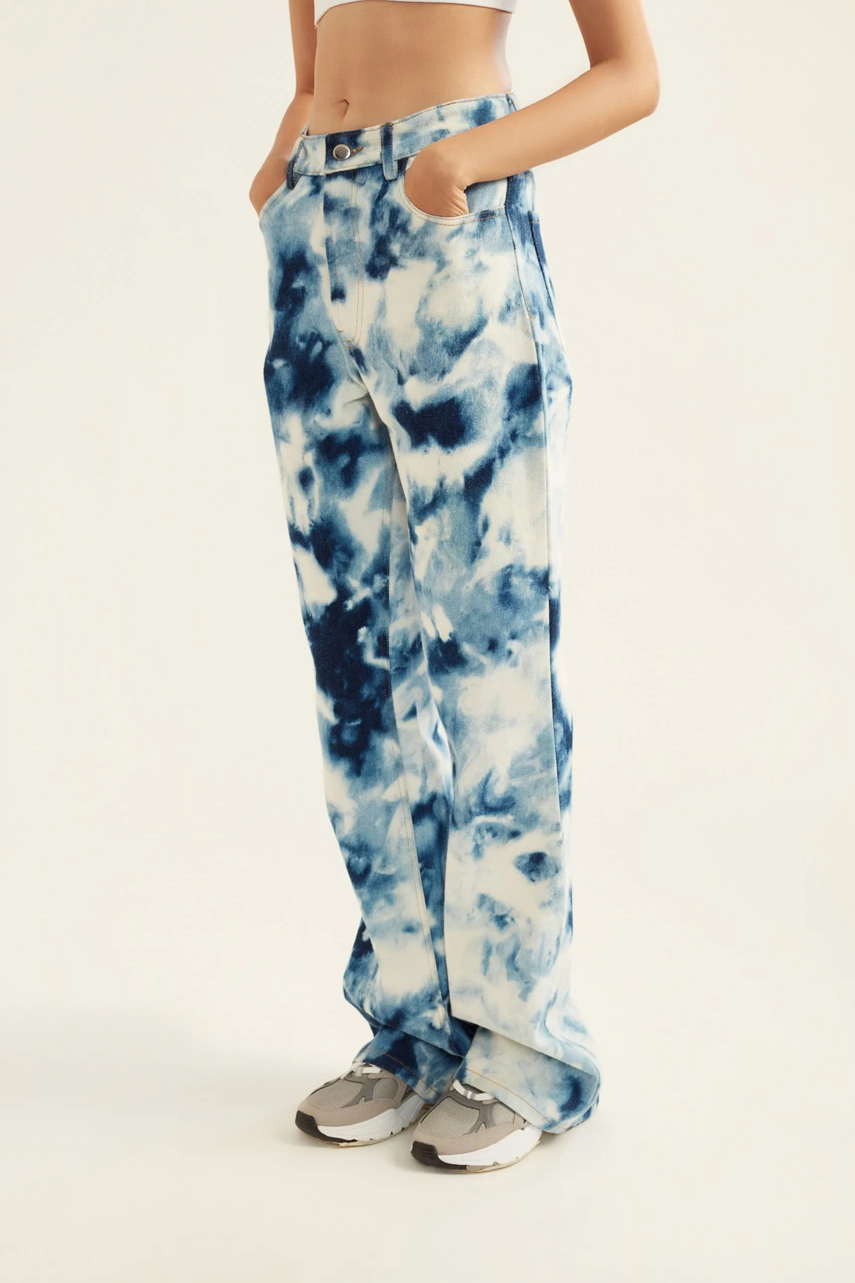 Blue and White Tie-Dye Effect Flared Denim Jeans for Women