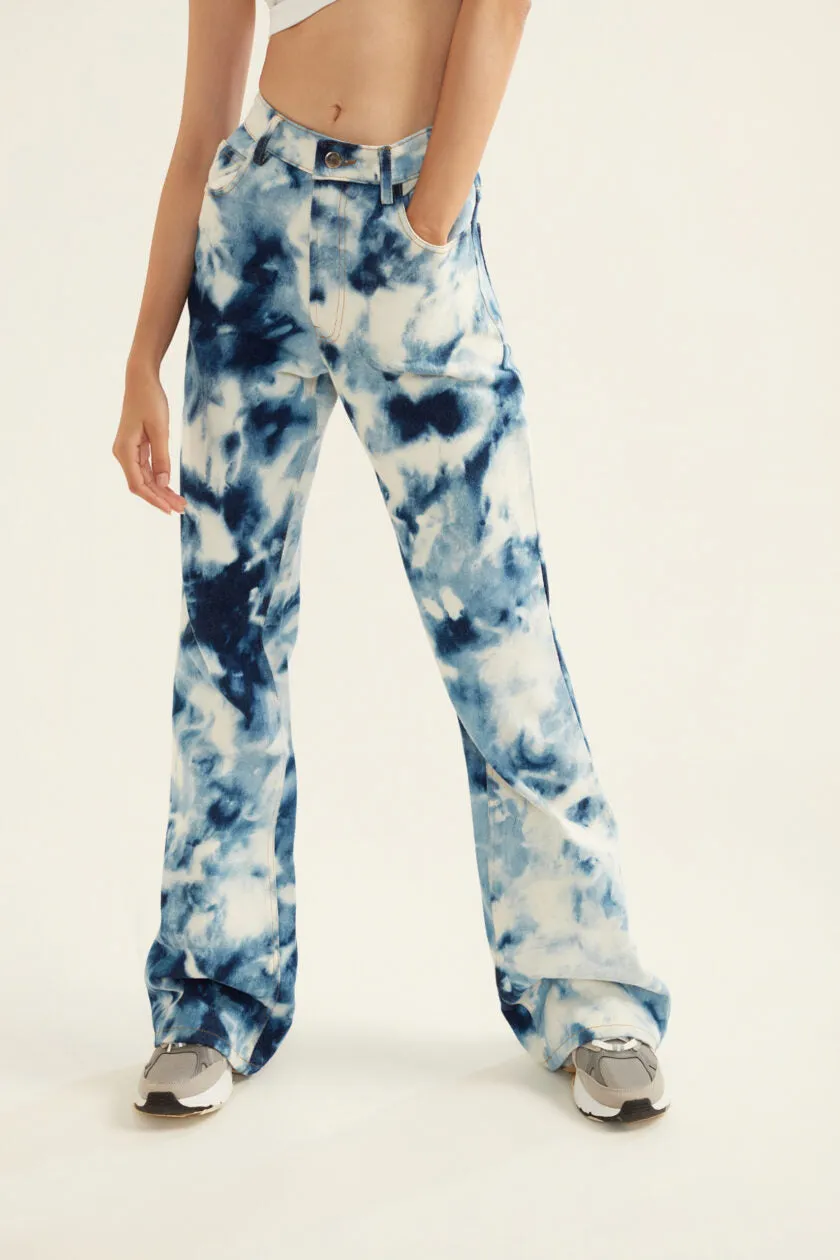 Blue and White Tie-Dye Effect Flared Denim Jeans for Women