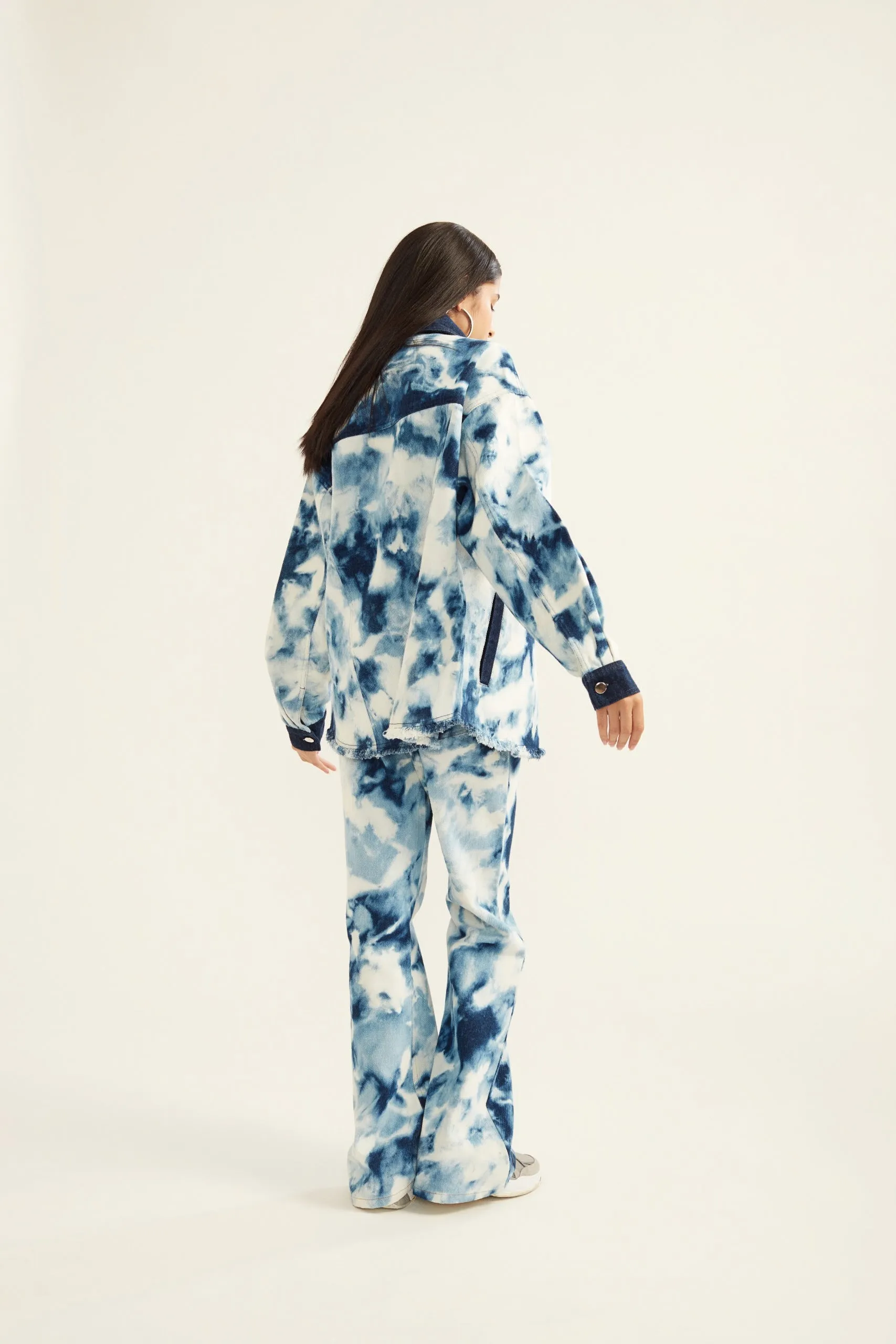 Blue and White Tie-Dye Effect Flared Denim Jeans for Women