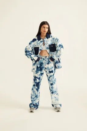 Blue and White Tie-Dye Effect Flared Denim Jeans for Women