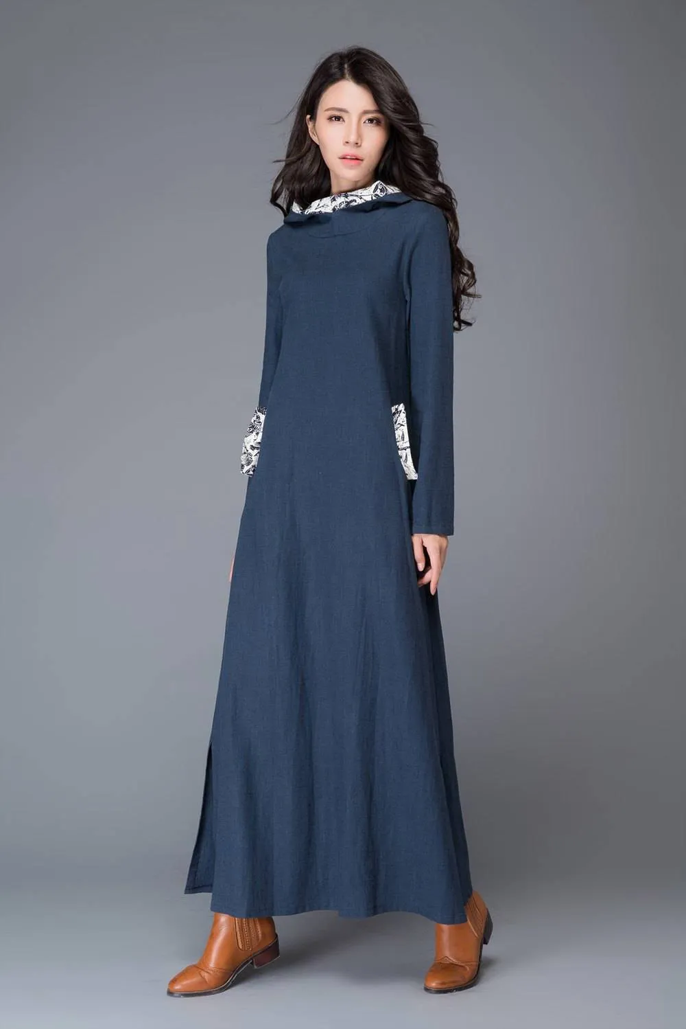 Blue Linen dress, maxi dress, linen dress, womens dresses, causal dress, hoody dress, long sleeved dress, maxi linen dress, long skirt C1011