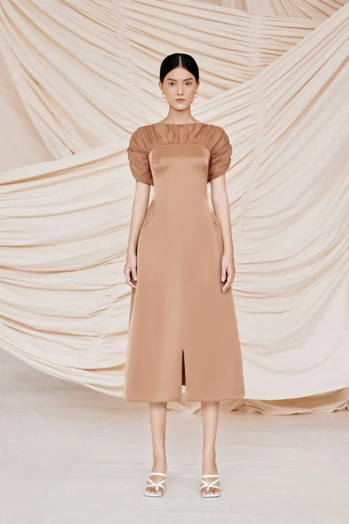 Brown puffy sleeves midi dress-CATO