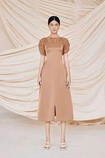 Brown puffy sleeves midi dress-CATO