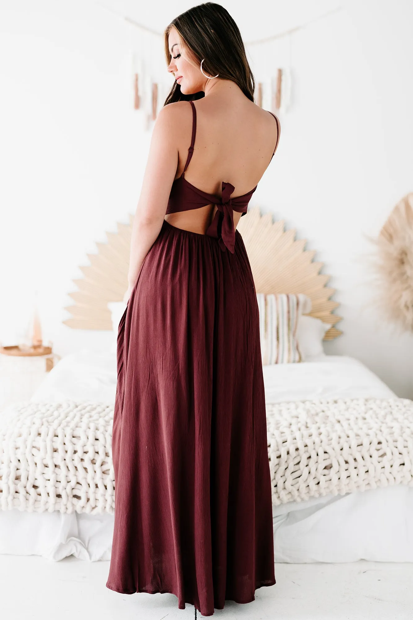 Farryn Tie-Back Crochet-Lace Maxi Dress (Red Brown)
