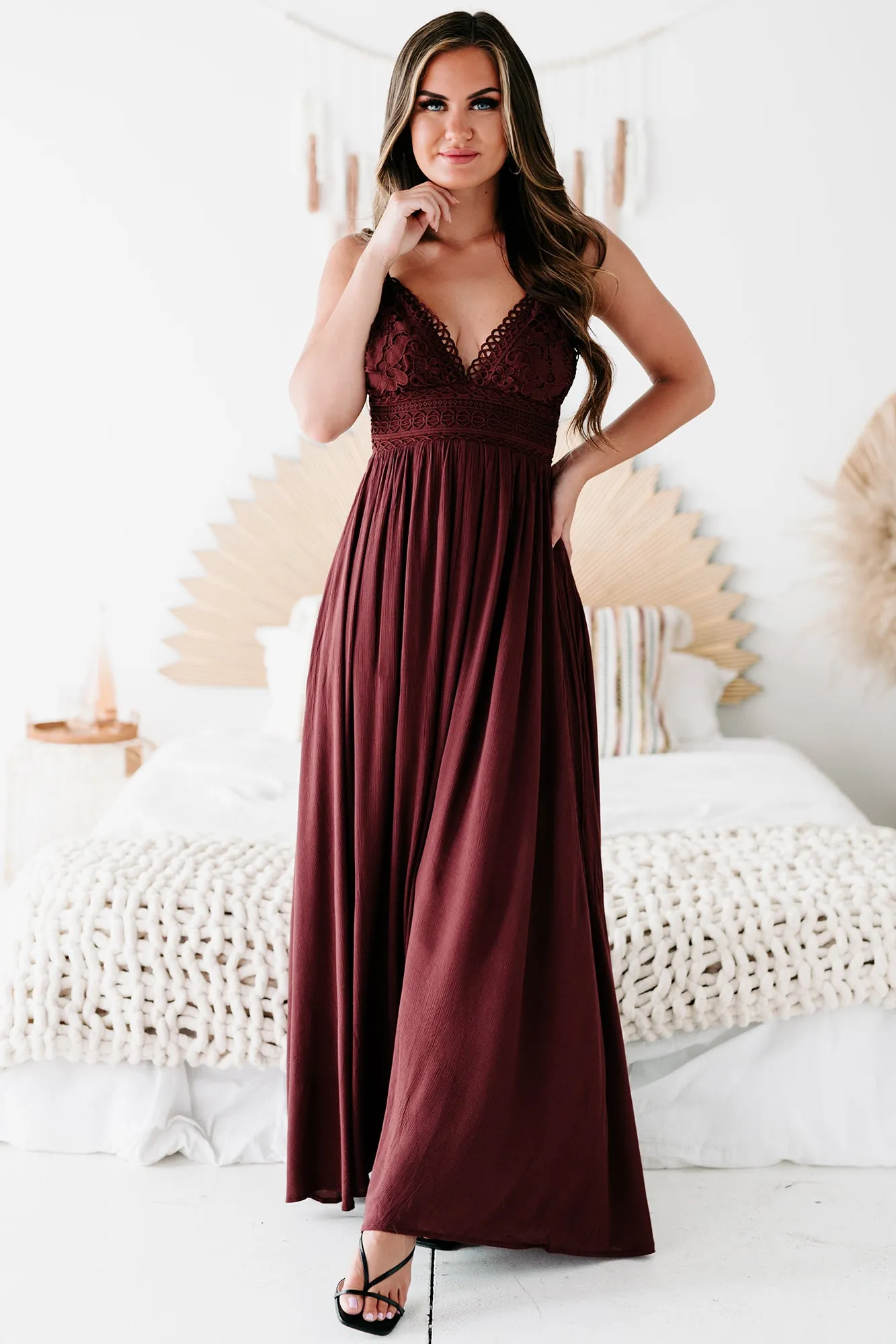 Farryn Tie-Back Crochet-Lace Maxi Dress (Red Brown)