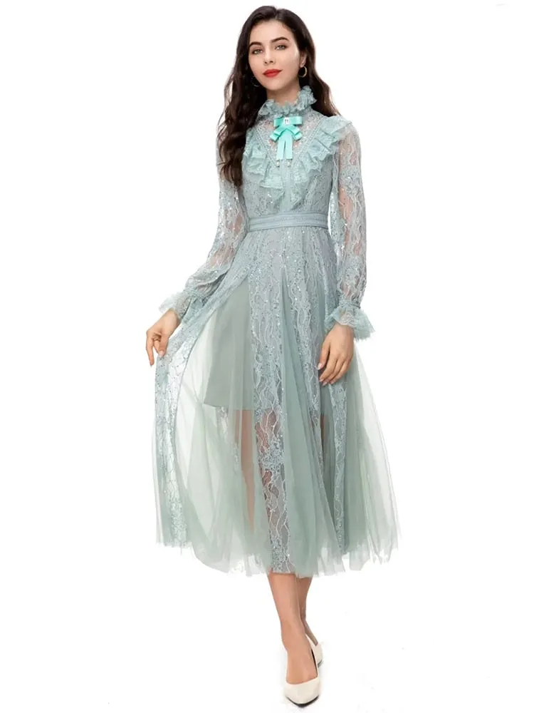 Flare Sleeve Light Green Women's Midi Dress