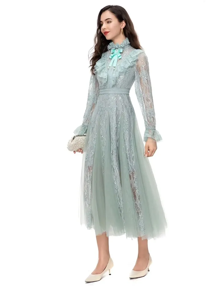 Flare Sleeve Light Green Women's Midi Dress