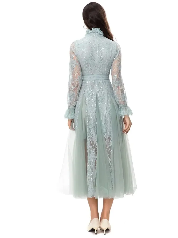Flare Sleeve Light Green Women's Midi Dress