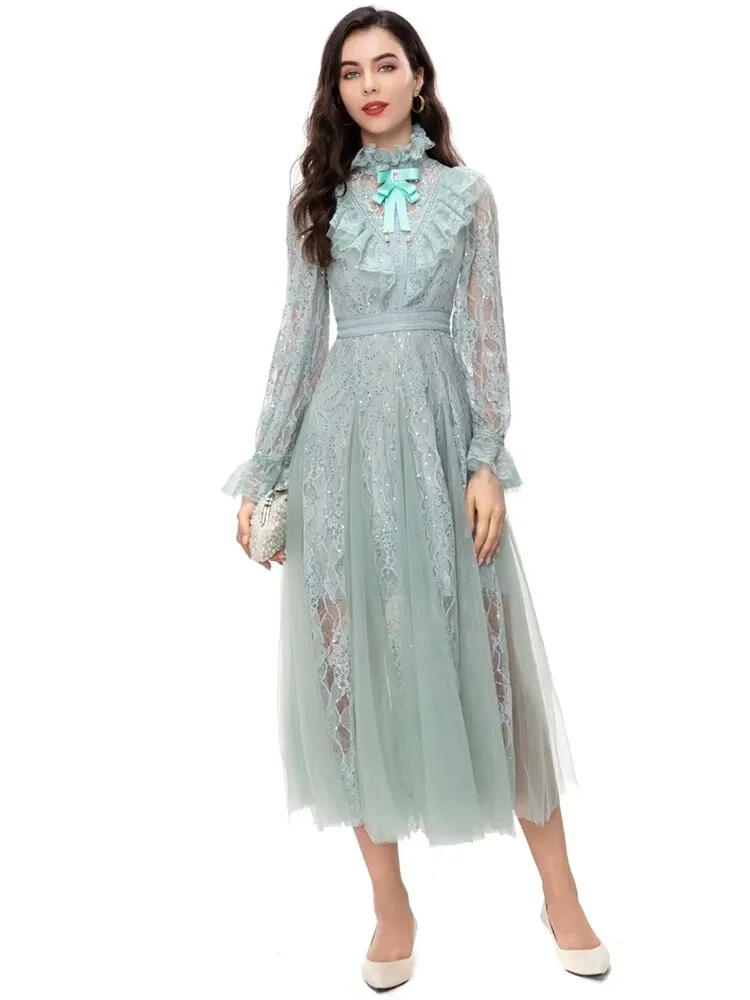 Flare Sleeve Light Green Women's Midi Dress