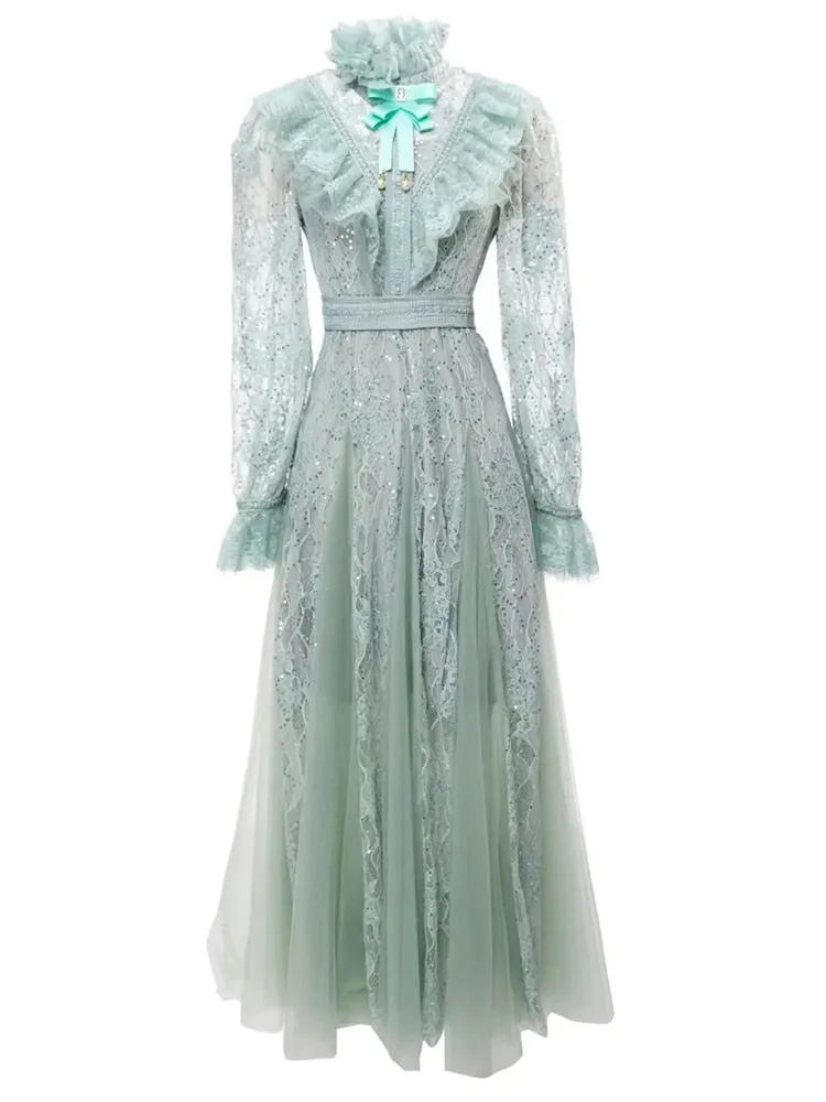 Flare Sleeve Light Green Women's Midi Dress