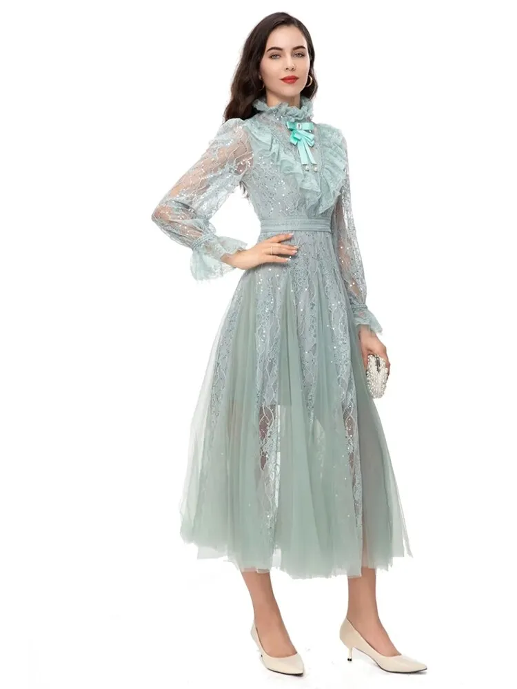 Flare Sleeve Light Green Women's Midi Dress