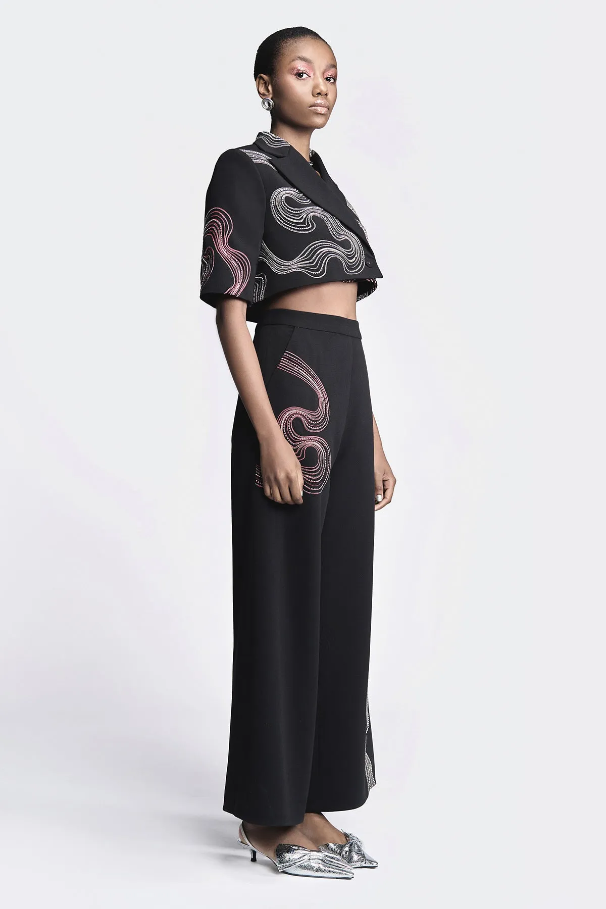Flared Pants of (Waves and Circles Cropped Blazer)