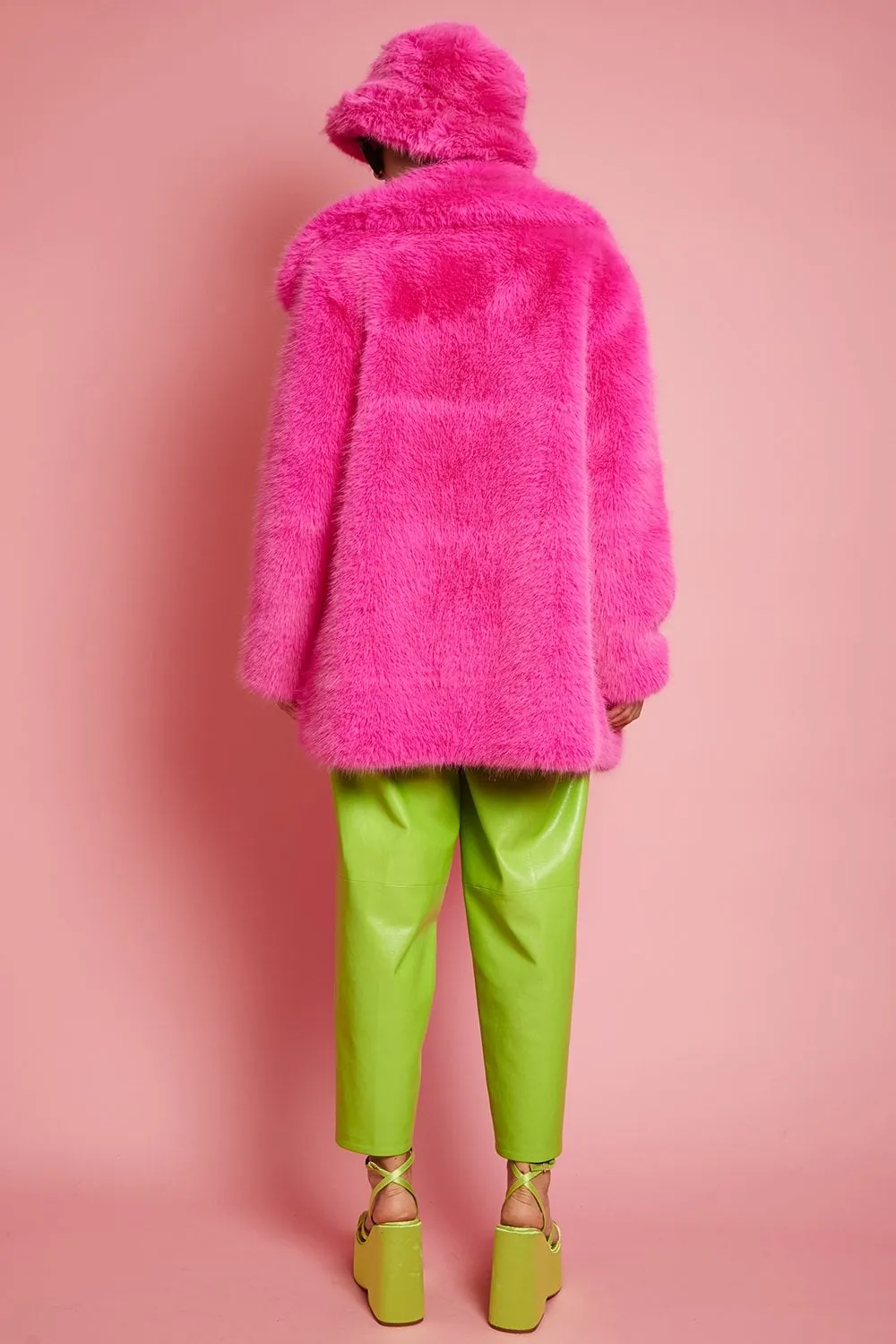 JAYLEY Faux Fur Fuchsia Pink Midi Coat