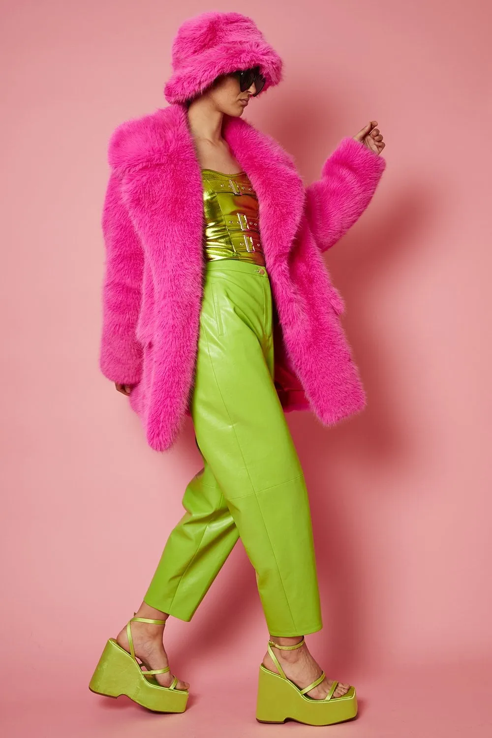 JAYLEY Faux Fur Fuchsia Pink Midi Coat