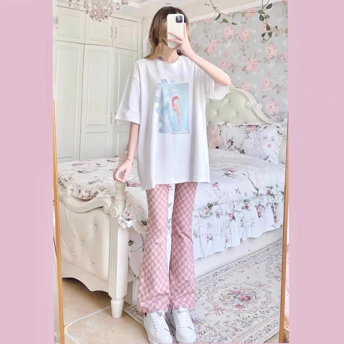 Pink Chess Pattern Flared Pants