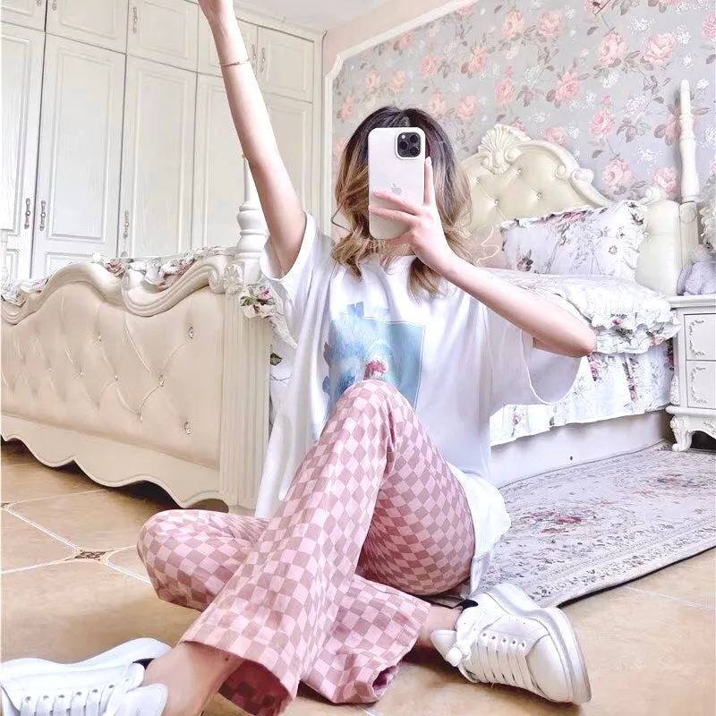 Pink Chess Pattern Flared Pants