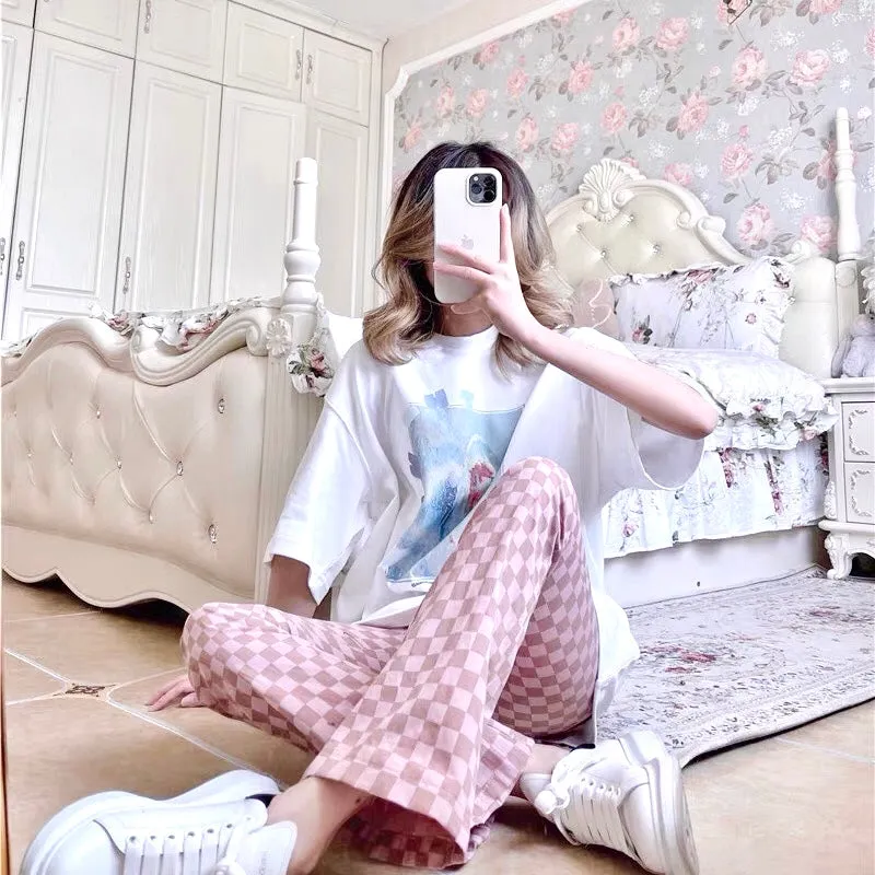 Pink Chess Pattern Flared Pants