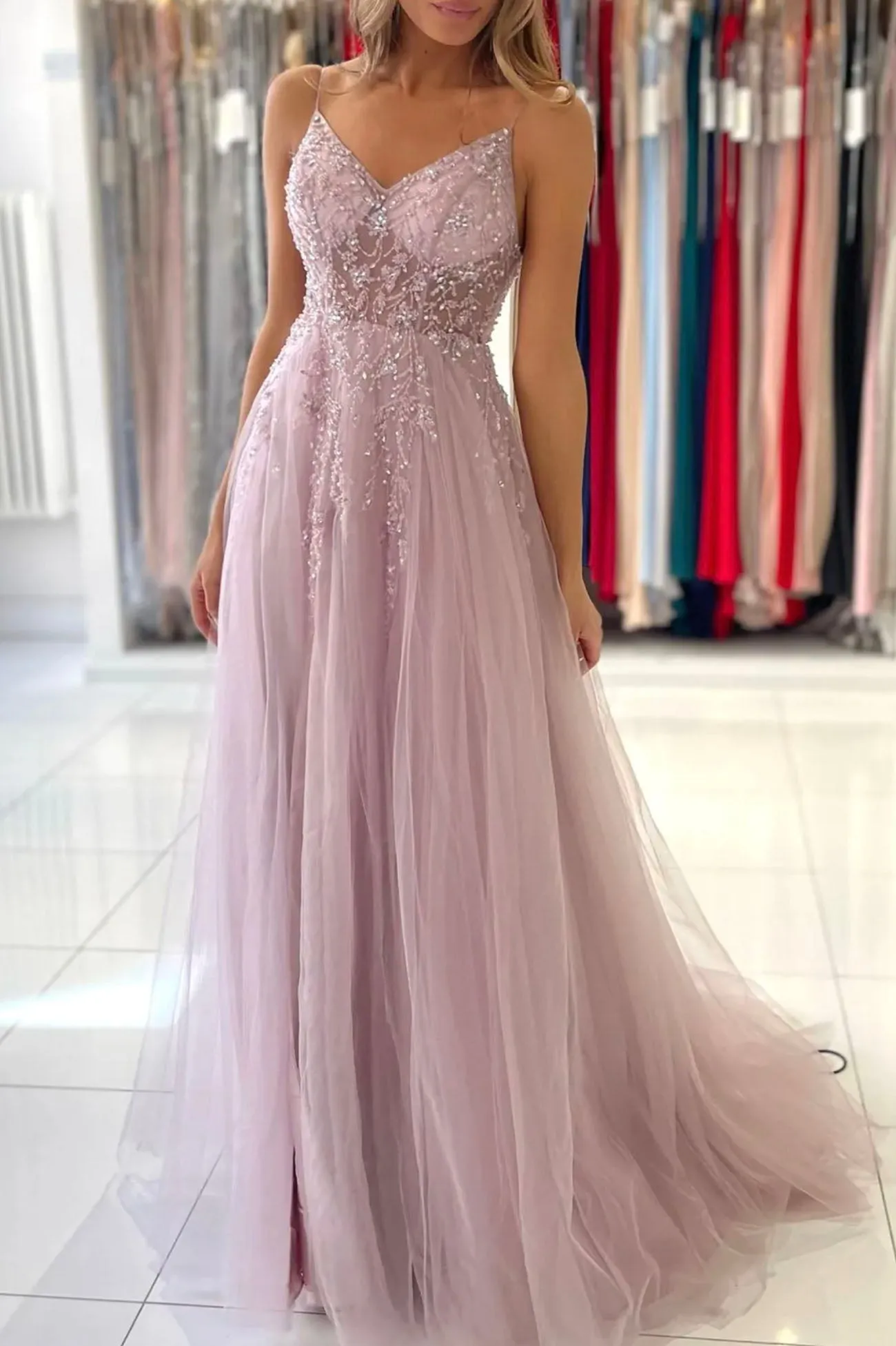 Pink V-neck Spaghetti Strap Tulle Beaded Long Prom Dress
