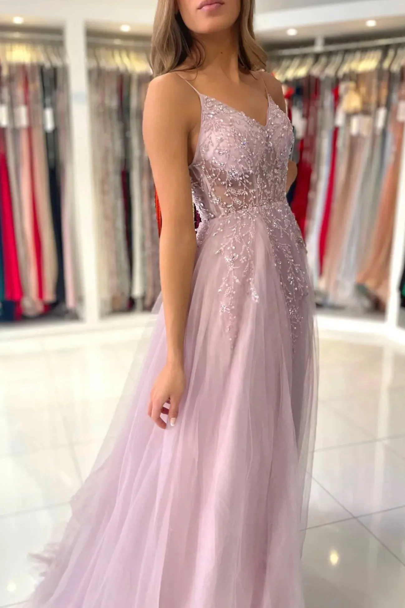 Pink V-neck Spaghetti Strap Tulle Beaded Long Prom Dress