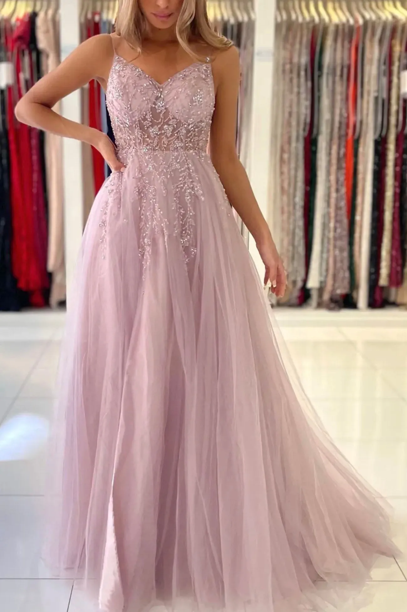 Pink V-neck Spaghetti Strap Tulle Beaded Long Prom Dress