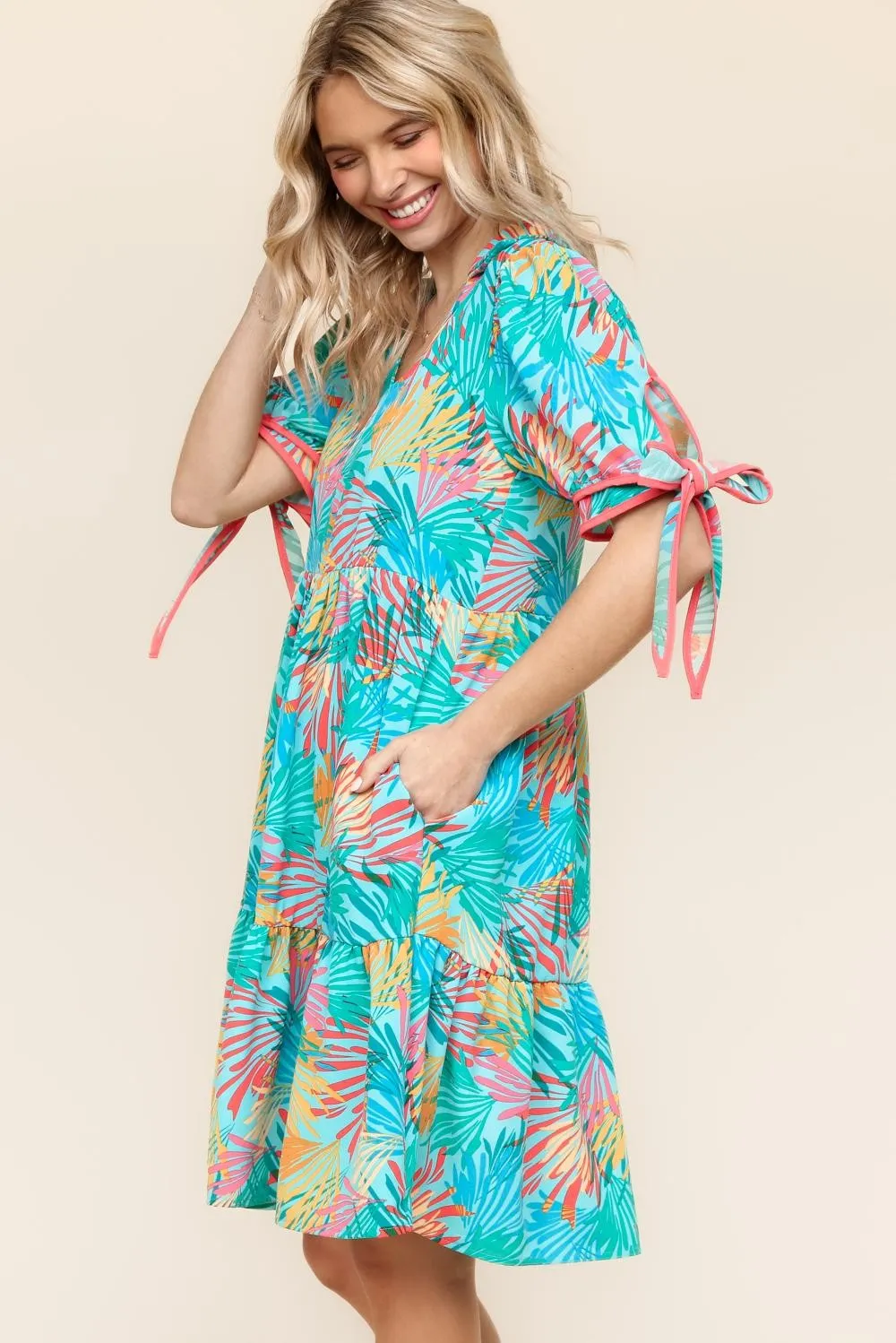 PLUS TROPICAL PRINT WOVEN DRESS W/ SIDE POCKETS