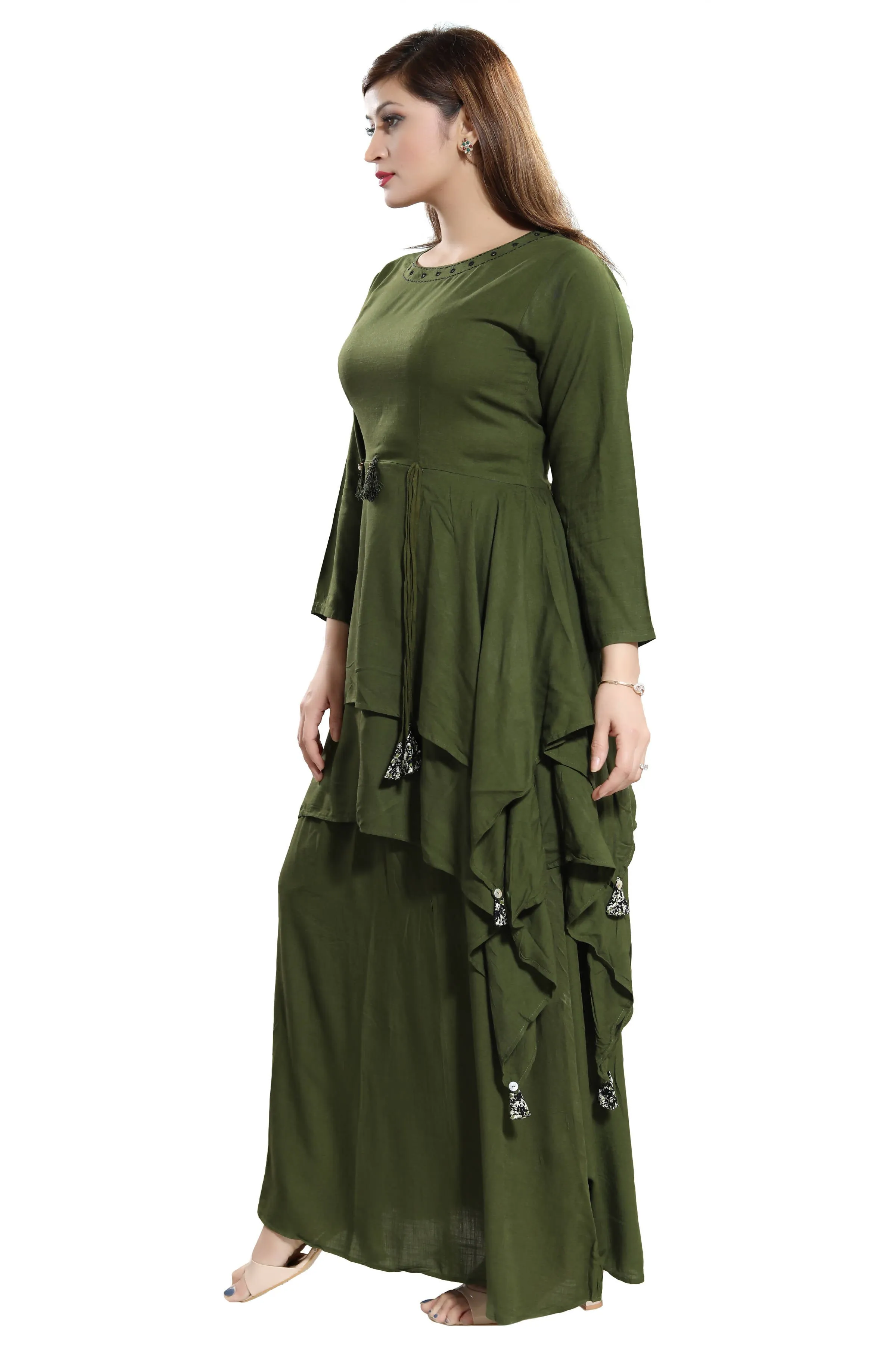 Women Green Layered Solid Maxi Dress