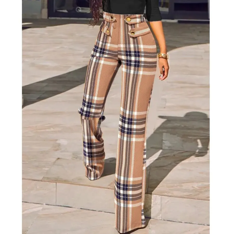 Women's Chic Plaid High Waisted Flared Pants with Button and Buckle Design | Perfect for All Seasons